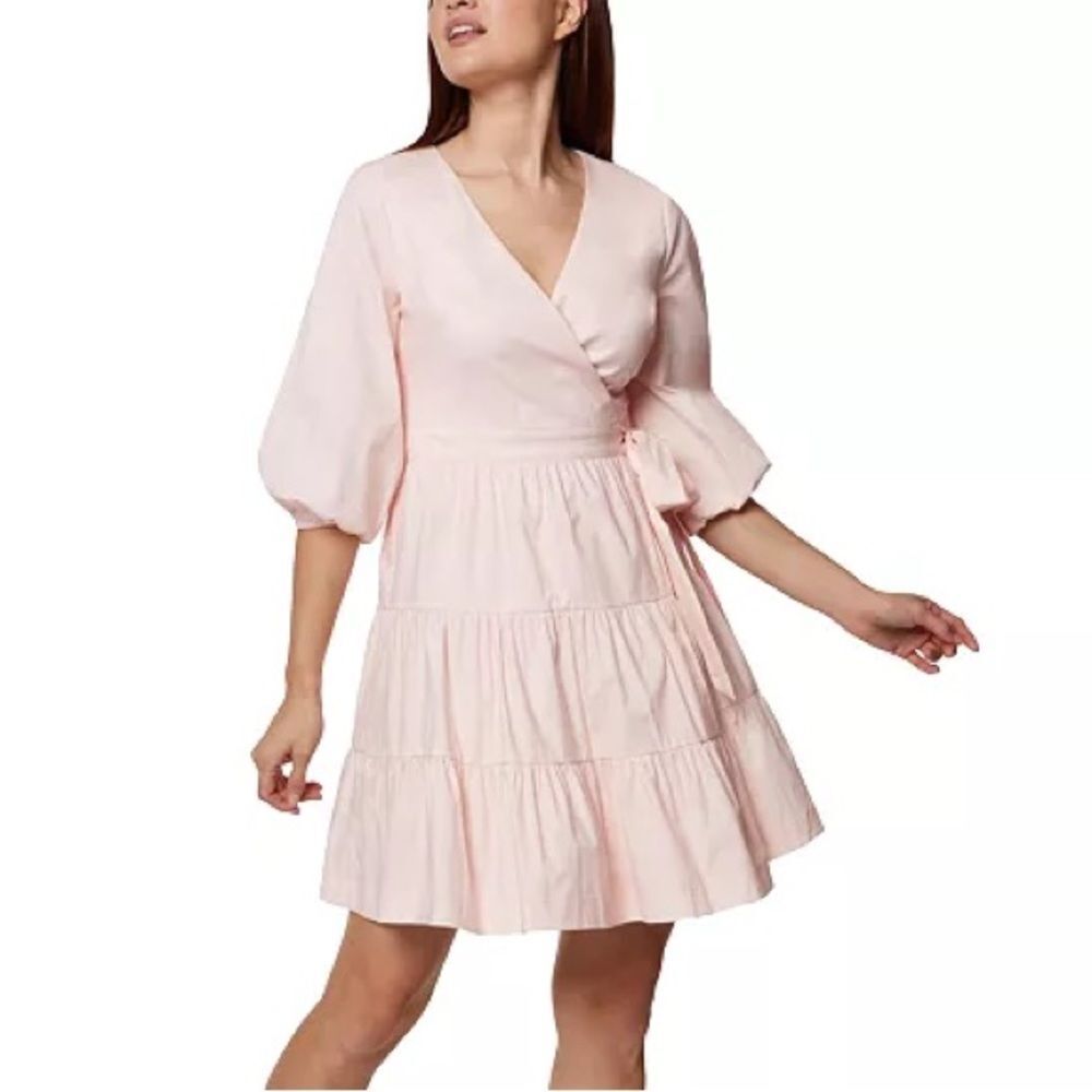 NWT BCBGENERATION Women's Size 12 Tiered Wrap Tie Waist Mini Dress Blush Pink